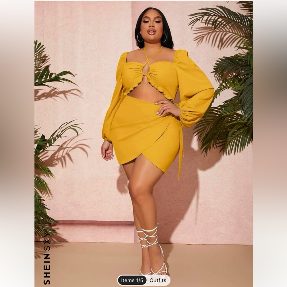 SHEIN SXY Plus Bishop Sleeve Cut Out Wrap Hem Dress 1XL YELLOW